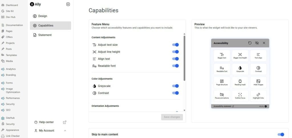 Ally by Elementor web accessibility options in WordPress