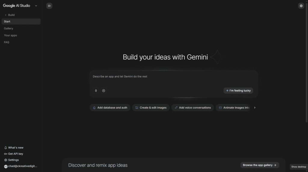 AI Studio webpage: Build with Gemini