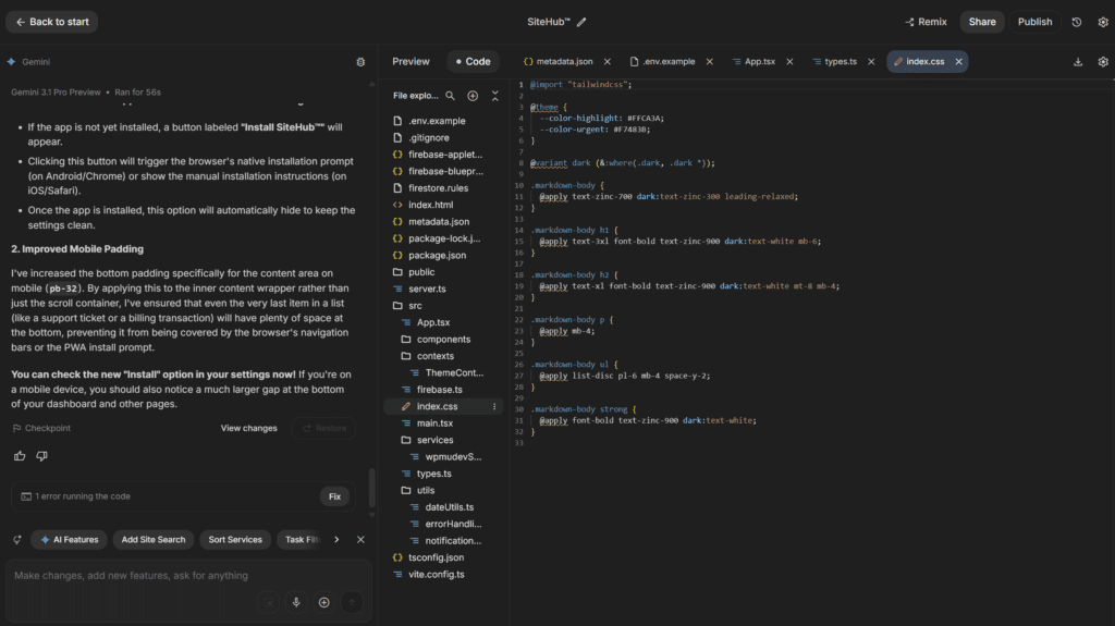 AI Studio app file and code editor