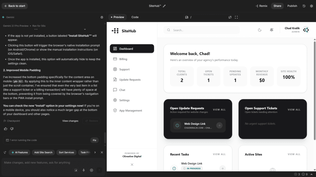 Google AI Studio dashboard screen shows chat editor on left and live app preview on right