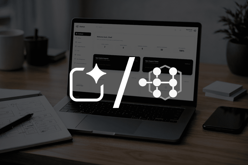 Google AI Studio and SiteHub logos overlay an image of a laptop with custom built client portal app