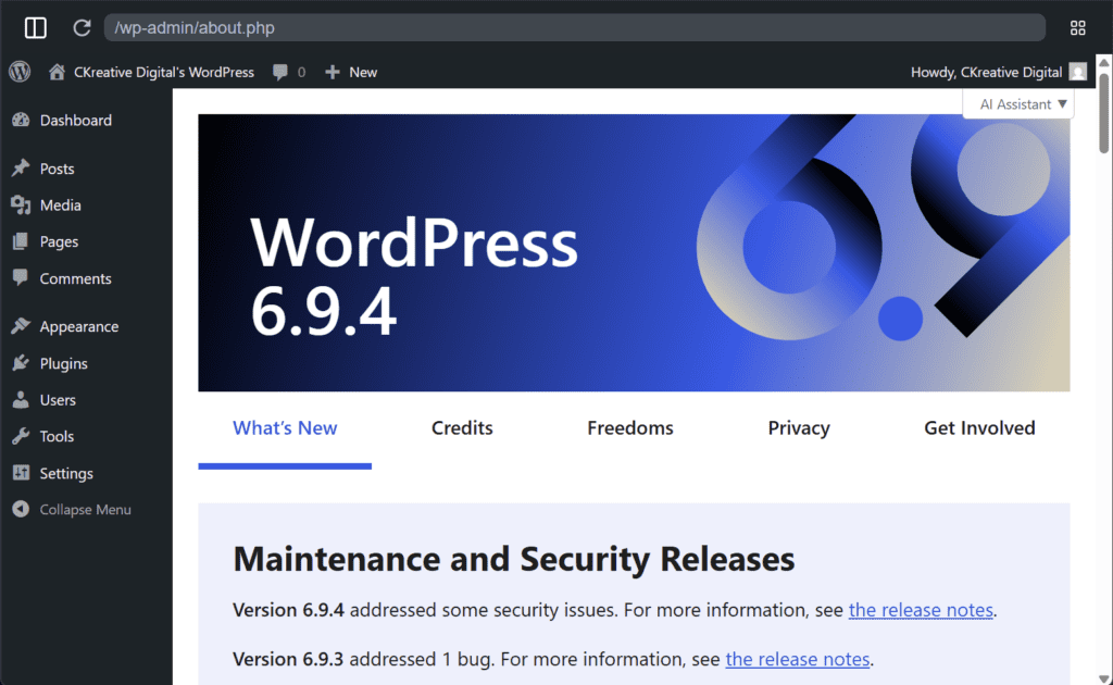 WordPress version 6.9.4 dashboard