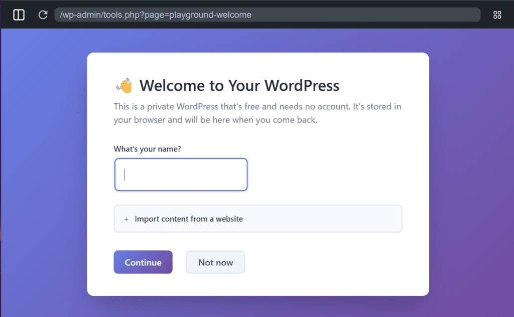 my.wordpress.net in-browser welcome page