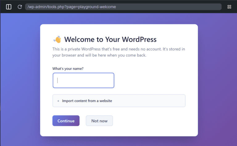 my.wordpress.net in-browser welcome page