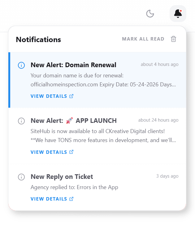 SiteHub™ notification panel shows recent activity