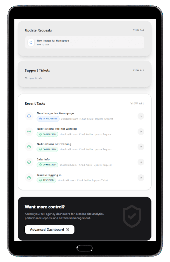 SiteHub™ dashboard shown on tablet in portrait mode